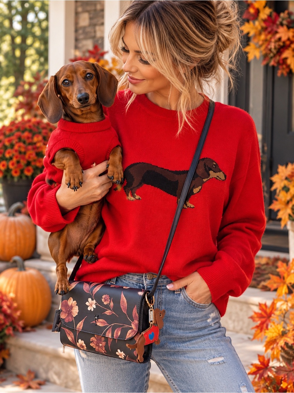 NWT! Dog lovers! Knitted sweater with Dachshund Dog + Vera Wang purse! (M)